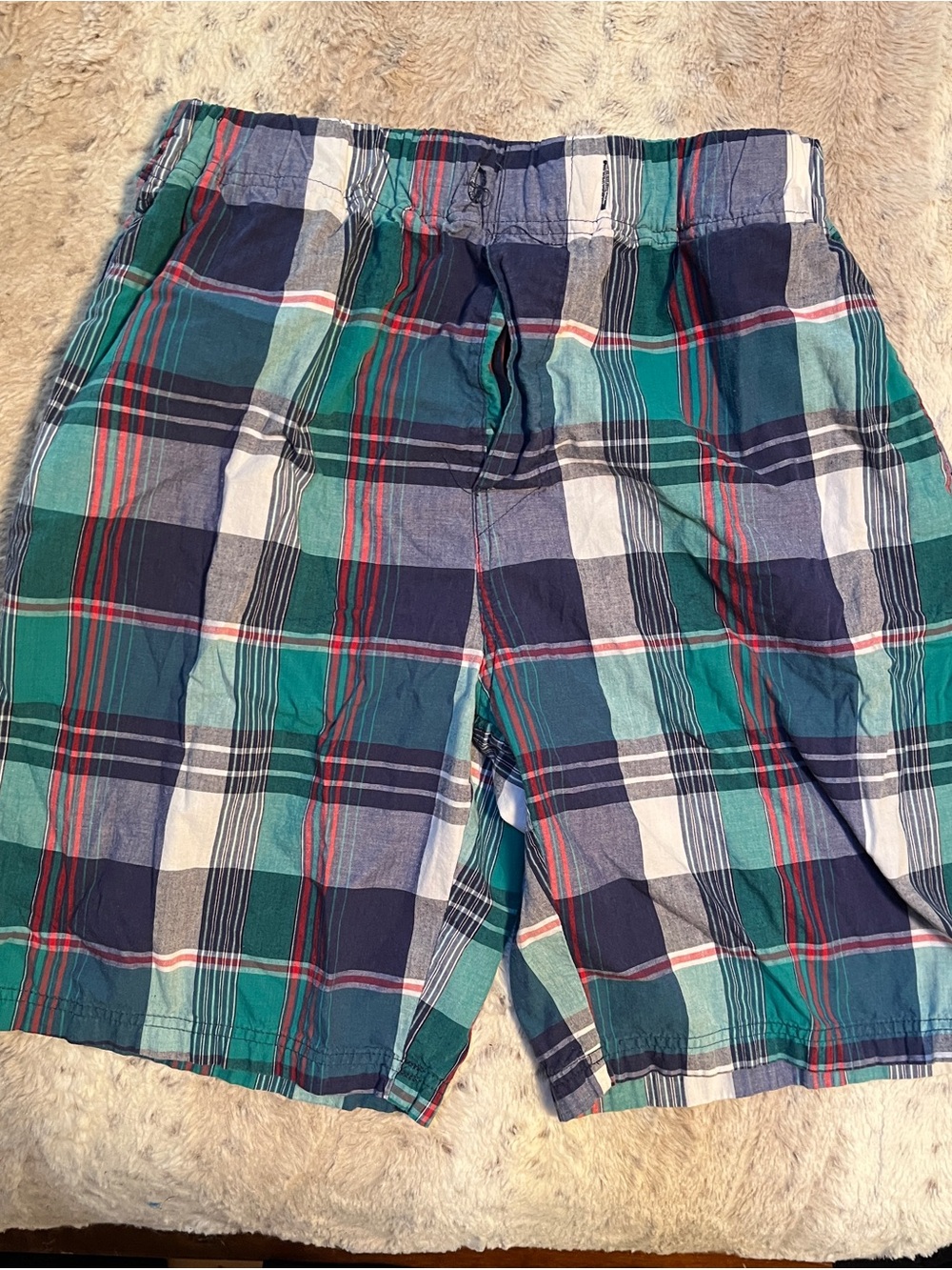 Men's Plaid Flat Front Shorts in Green & Navy